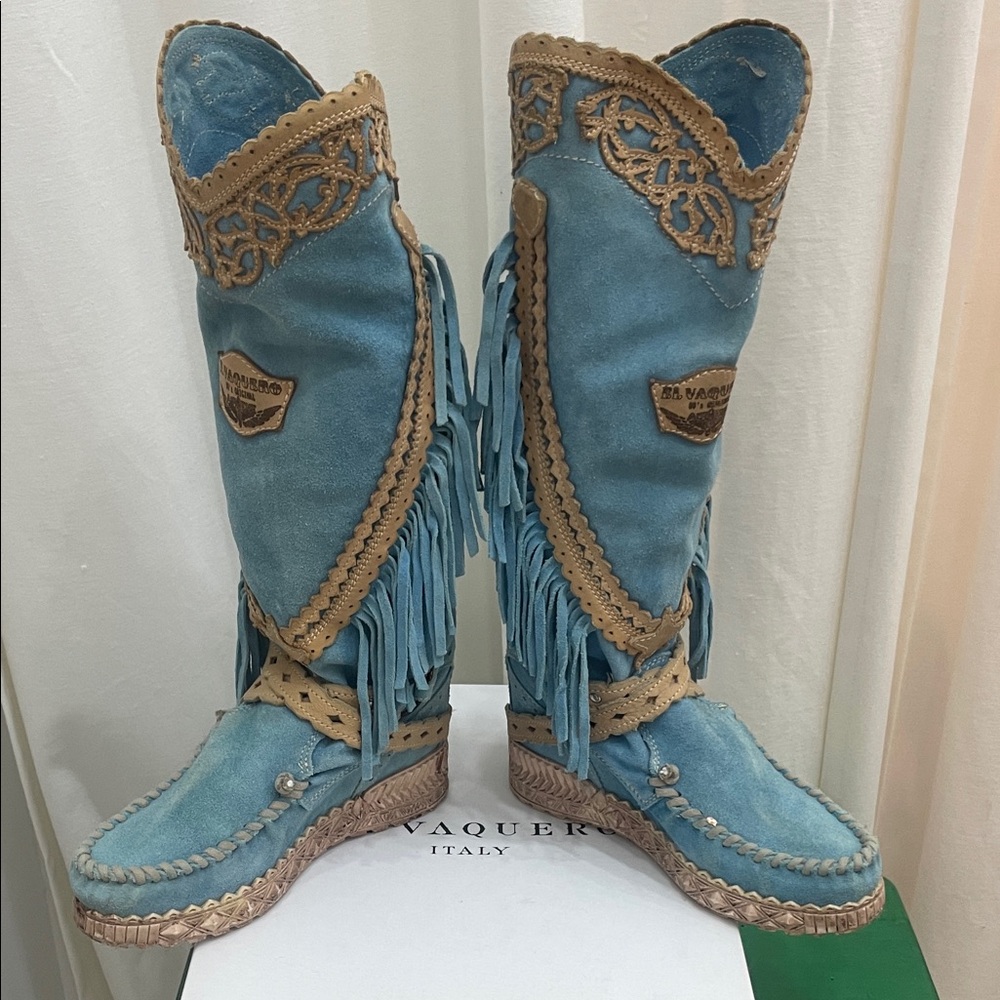 Blue and Tan Fringe Knee Boots - Picture 2 of 10